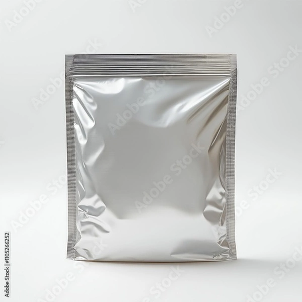Fototapeta Silver metallic plastic vacuum sealed pouch coffee bag isolated on white background. Packaging template mockup collection. Stand-up Front view package.