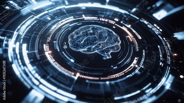 Obraz Abstract digital brain visualization.  A wireframe brain model is centrally displayed within a glowing, technological interface.  Cool blue and orange hues dominate the image.