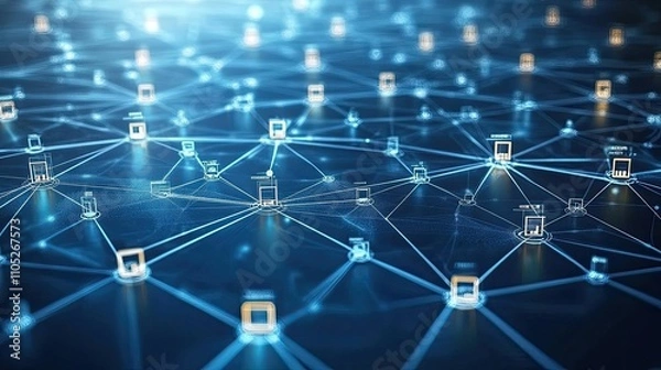 Obraz Abstract illustration of a network connection, showcasing a complex web of interconnected nodes representing data flow and global communication.