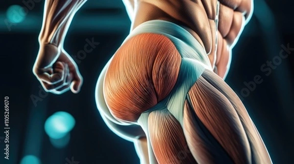 Obraz Detailed anatomical rendering of human gluteal and hamstring muscles.  A study in form and function, showcasing the intricate network of muscle fibers.