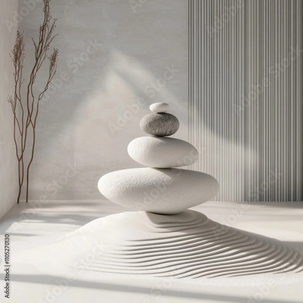 Fototapeta **japanese style minimal abstract background. zen garden and stone balance with white sand background.