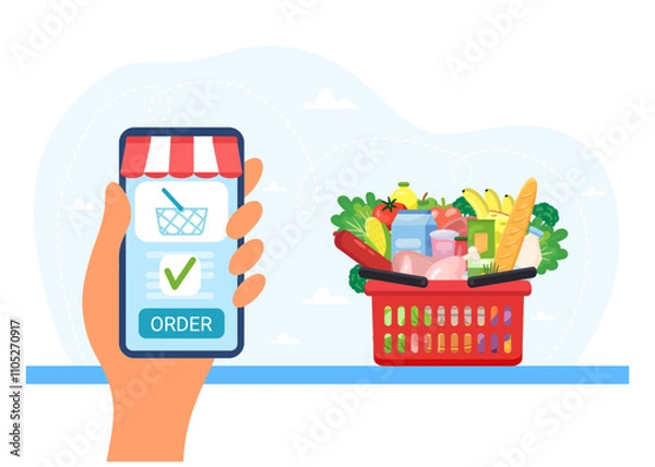 Fototapeta A hand is holding a phone for online shopping with credit card. Order grocery online. Cart with different groceries. Vector illustration in flat style
