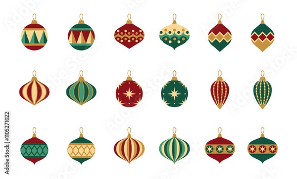 Fototapeta festive christmas ornaments. red green gold vintage christmas balls vector set illustration art retro christmas tree decoration decorative sticker golden luxury merry christmas xmas fun carnival theme