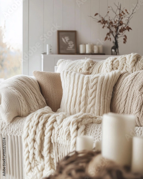 Fototapeta A minimalist and stylish living room with a focus on texture and comfort. The chunky knit blankets and pillows
