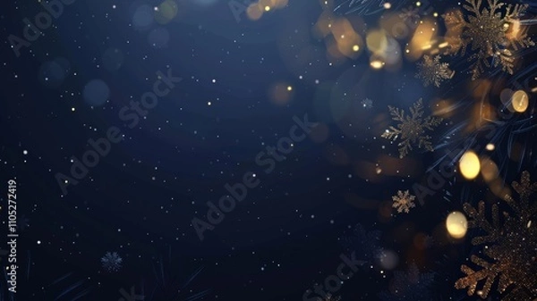 Fototapeta Dark blue Christmas festive background with snowflakes and golden glitter, vector illustration design for banner, poster, or web template, New Year concept.