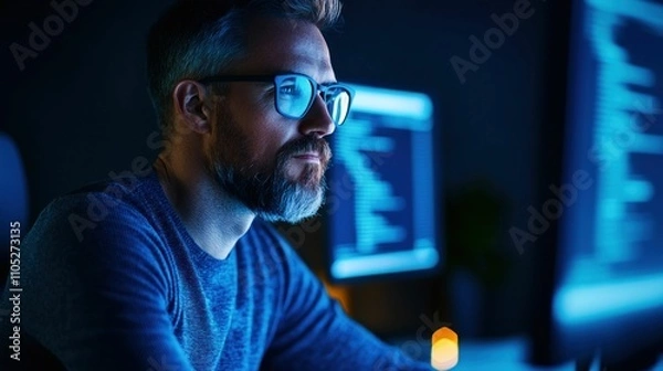 Fototapeta Middle-Aged Man Coding on Blue Screens in the Dark