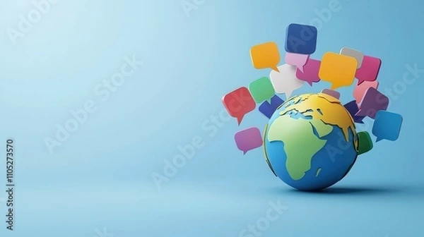 Fototapeta Speech bubbles in various languages surrounding a globe
