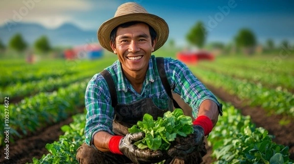 Fototapeta Joyful Farmer Tending Fresh Green Rows of Vegetables in Sunny Fields, Capturing the Essence of Hard Work and Harvest Season in Rural Life