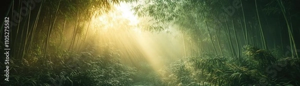 Obraz A dense bamboo forest, with sunlight filtering through