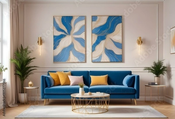 Fototapeta Photo modern style interior room 3d illustration with doodle abstract pattern