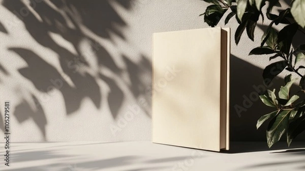 Fototapeta A beige book stands upright against a wall, bathed in the dappled sunlight filtering through leaves. The scene evokes a sense of calm and tranquility.