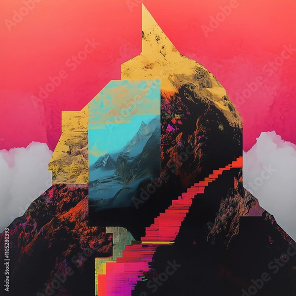 Fototapeta Layered Mountain Composition with Kemetic Sun Symbolism