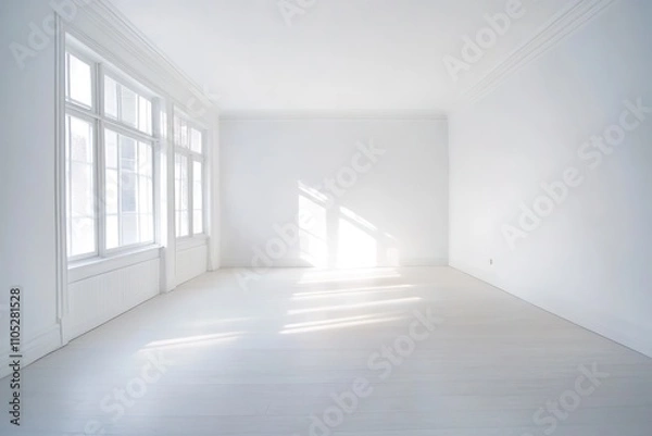 Fototapeta Bright empty room with large windows and sunlight casting shadow