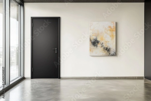 Fototapeta Black matte door with neutral walls, abstract art, and sunlight flooding in.