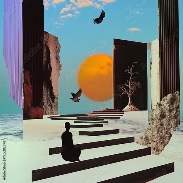 Fototapeta Pathway with Sacred Sun and Symbolic Birds in Abstract Landscape