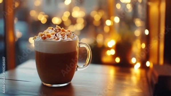 Fototapeta Butterscotch latte with caramelized sugar topping, cozy modern coffee shop background