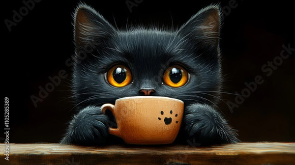 Fototapeta A black cat is sitting on a table with a cup in front of it. The cat is looking at the camera with a curious expression. Concept of playfulness and curiosity