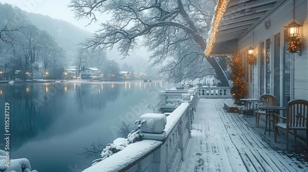 Fototapeta A winter morning scene with a cozy ambience, of the view from the balcony, under the porch covered with light snow, overlooking to the lakeside.