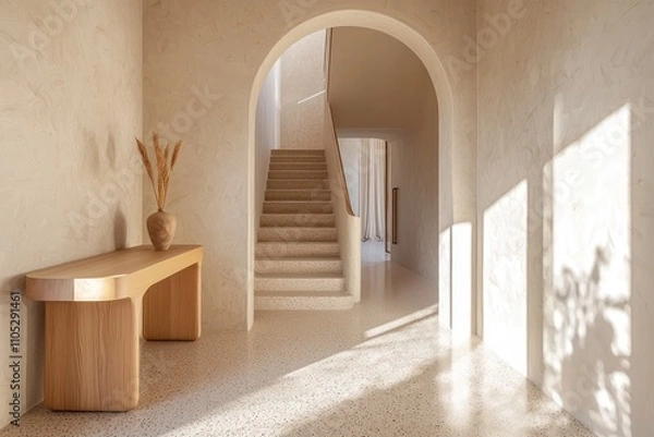 Fototapeta A luxurious hallway with terrazzo floors, natural light, and a stylish staircase.
