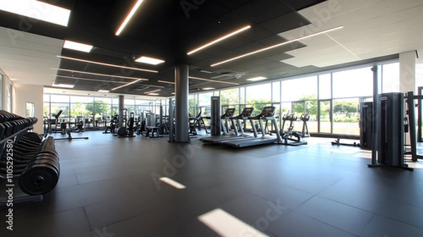 Obraz A modern gym interior featuring various exercise equipment, large windows, and a spacious layout filled with natural light