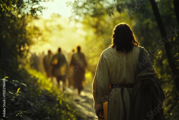 Obraz A man in a white, soiled robe follows a crowd of people. Jesus Christ with his disciples in Judea