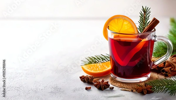 Fototapeta mulled wine in a glass cup with oranges and cinnamon with Christmas decoration