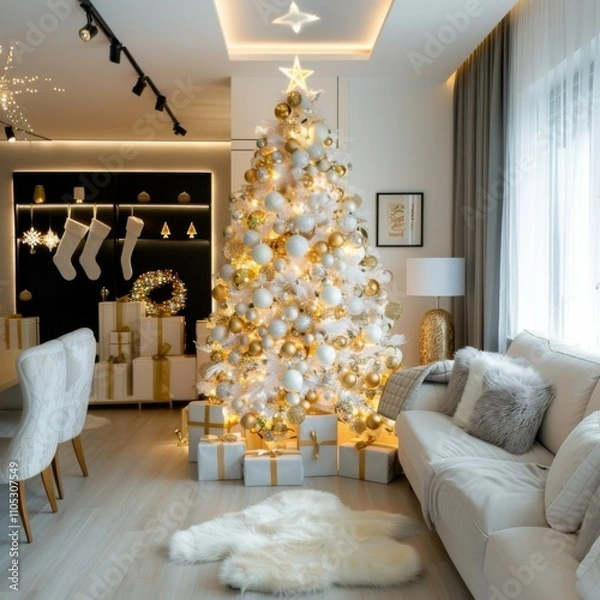Fototapeta Festive holiday decor modern living room interior design cozy environment aesthetic viewpoint celebratory concept