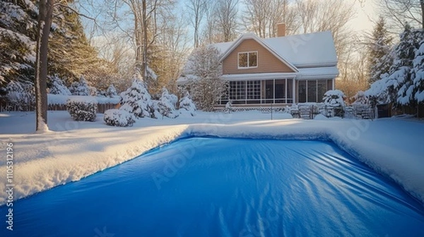 Fototapeta A serene winter scene of snow-covered house and pool by trees.