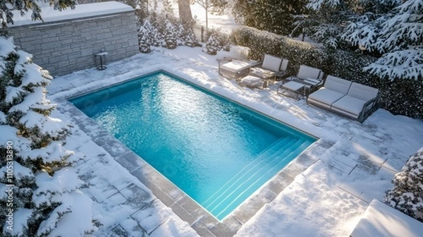 Fototapeta A snow-covered pool area with ice-cold water reflecting bright light.