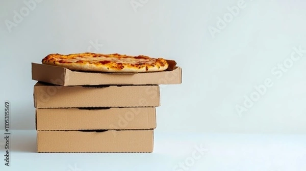 Fototapeta Pizza boxes stacked neatly with one pizza visibly on top.