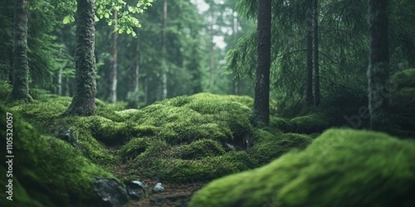 Fototapeta Tranquil Finnish forest scene capturing a silent moment amid lush greenery. This peaceful atmosphere features moss covered ground and has a vintage effect enhancing the serene Finnish forest beauty.