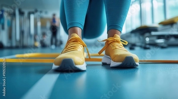 Fototapeta Patient using resistance bands, rehabilitation, clear natural lighting