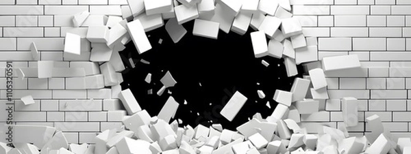 Fototapeta 3D hole in a white brick wall with pieces flying out, vector illustration. Wall of bricks broken through with cracks, debris, and a black background