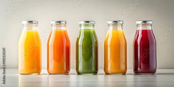 Fototapeta Five Colorful Bottles of Refreshing Fruit and Vegetable Juices in a Row