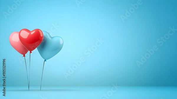 Fototapeta Three Heart-Shaped Balloons Floating Against a Pastel Blue Background, Representing a Festive and Joyful Occasion