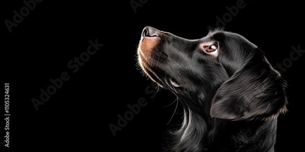 Fototapeta A close-up of a black dog with an expressive face, gazing upward against a dark background.