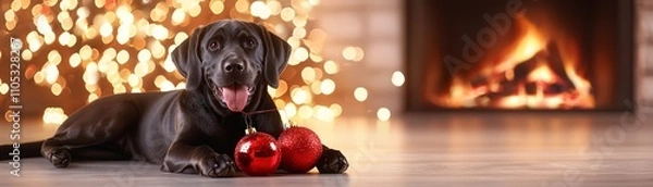 Fototapeta A playful black dog lies on a cozy floor, surrounded by sparkling lights and a warm fireplace, with festive ornaments in its paws.