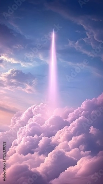 Fototapeta A beam of light pierces through fluffy pink clouds in a serene sky, AI