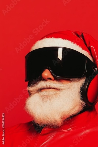 Fototapeta Hyperrealistic Santa Claus with a motorcycle helmet and transplanting beard. Concept of safe new year and christmas.