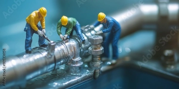 Obraz Miniature people, A team of workers examining the pipe in a plumbing repair service scenario, showcasing the diligence and collaboration involved in plumbing repair service efforts.