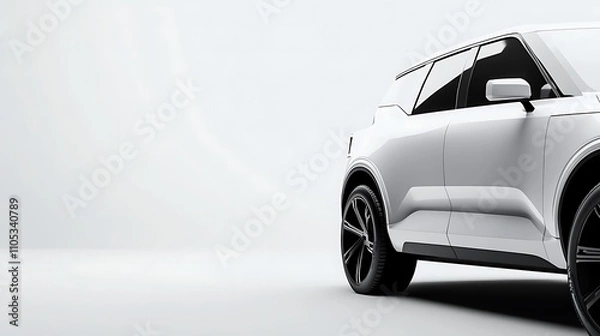 Fototapeta A streamlined blank SUV with dynamic side skirts, positioned at a low angle for a dramatic effect, soft diffused lighting on a pristine white background, sporty and innovative