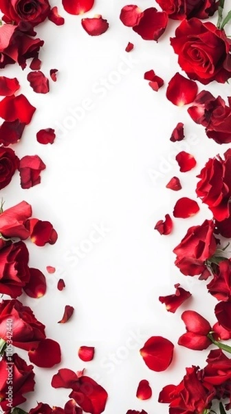 Fototapeta A lot of red roses on a white background, with rose petals scattered around them and red ribbons