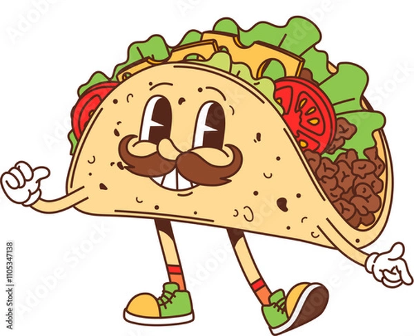Fototapeta Cartoon groovy fast food tacos cheerful character. Mexican cuisine street cafe snack cartoon funny mascot, cheerful groovy isolated vector personage. Fast food meal or takeaway tacos happy character