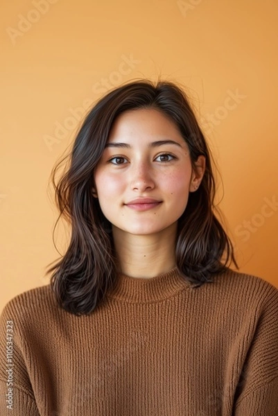 Obraz A young woman with shoulder-length dark hair wearing a textured brown sweater, looking directly at the camera with a calm expression against a warm orange flat background., with copy space.