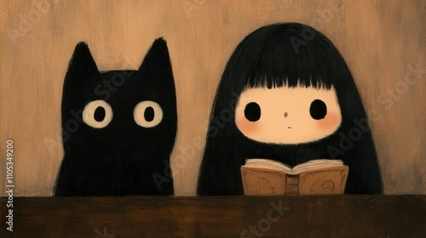 Fototapeta A cozy whimsical painting depicting a witch and her black cat in a study, reading a spellbook.