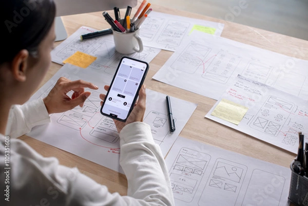 Obraz UX UI designer testing prototype on a phone, discussing and brainstorming on wireframes for a website and mobile app prototype, in the concept of website and mobile application design concept.