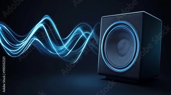 Fototapeta Audio speaker with oscillating blue sound waves representing professional hifi audio equipment or music production