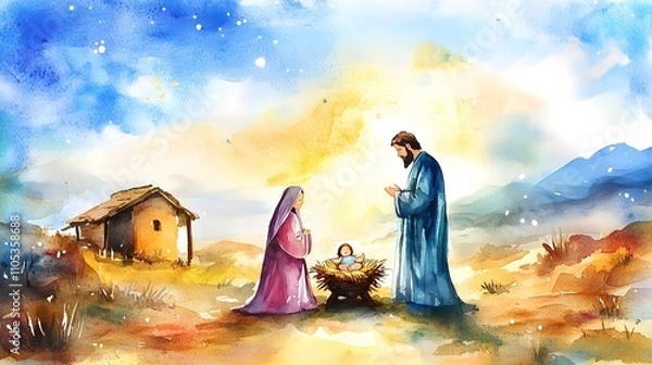 Obraz Nativity scene in Bethlehem. Watercolor painting. Christmas scene illustration showing holy family baby Jesus in the manger Mary and Joseph.