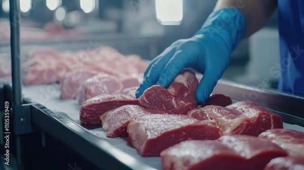 Fototapeta Worker carefully handling meat portions, feeding them into a high-speed packing line under bright lighting.