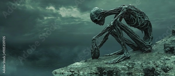 Fototapeta Gaunt figure sits on cliff edge, head bowed, stormy sky backdrop.